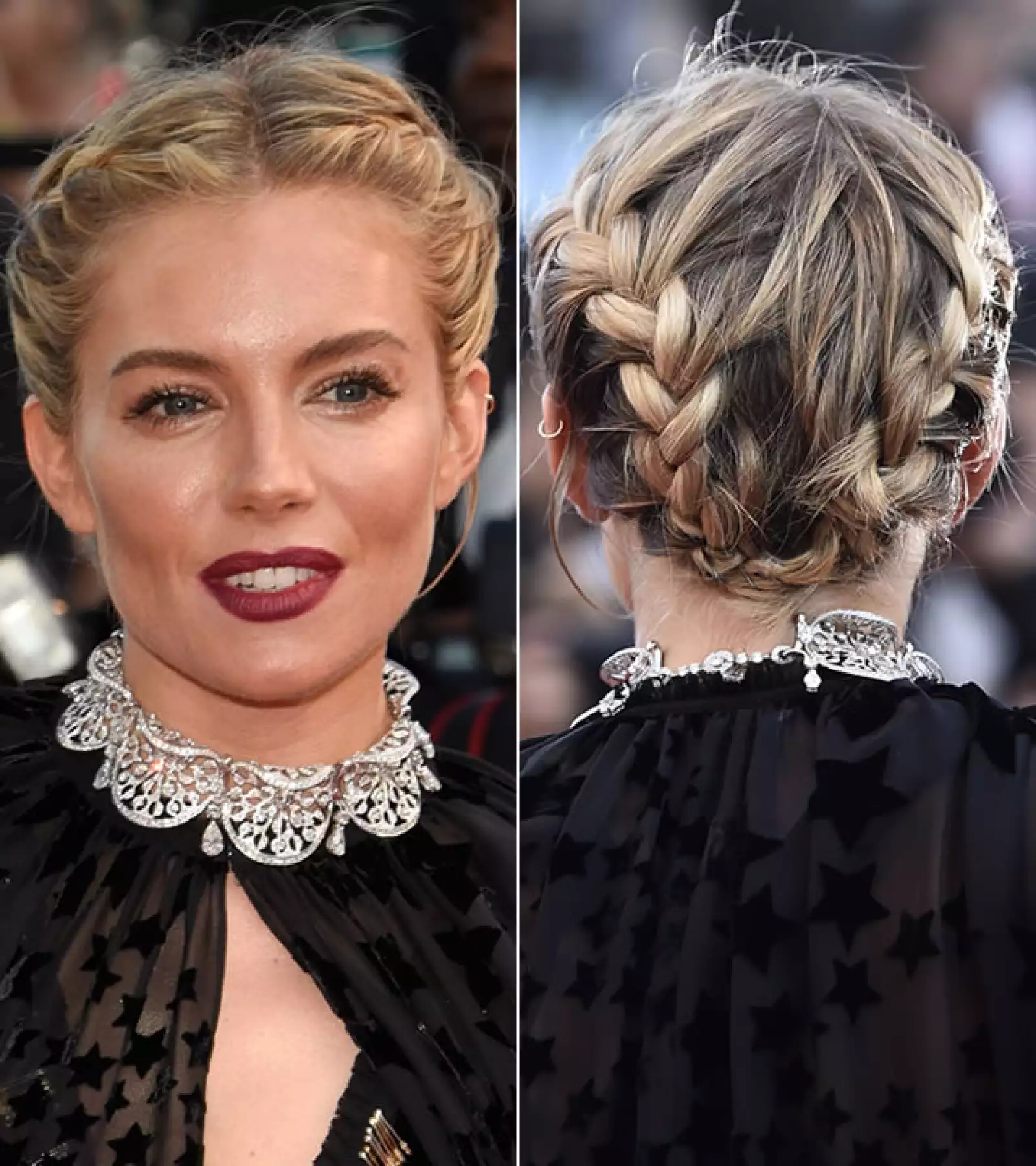 Sienna Miller lució un look muy Victoriano con sombras y labios oscuros. Nos encantaron las trenzas que hicieron que el look luciera aún más vintage.