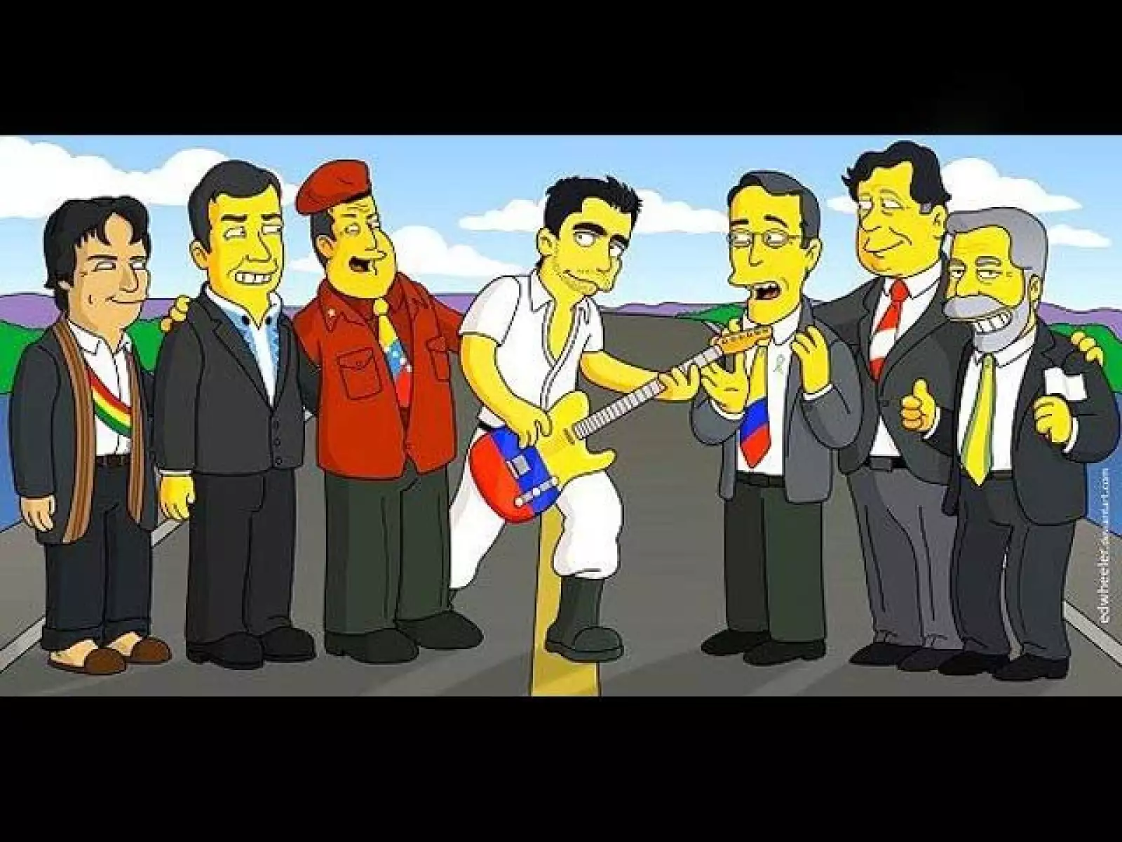 Evo Morales, Rafael Correa, Hugo Chávez, Álvaro Uribe, Alan García y Lula da Silva simpsoneados por Edwheeler