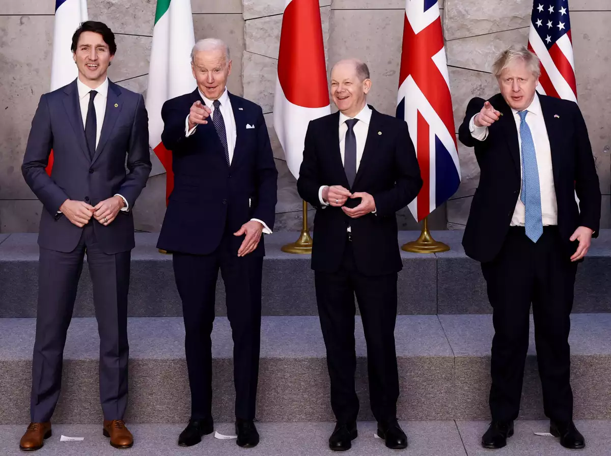 El primer ministro de Canadá, Justin Trudeau; el presidente de Estados Unidos, Joe Biden; el canciller de Alemania, Olaf Scholz, y el primer ministro de Reino Unido, Boris Johnson posa para la foto de la reunión del G7 en una cumbre de la OTAN en Bruselas, Bélgica el 24 de marzo de 2022. 