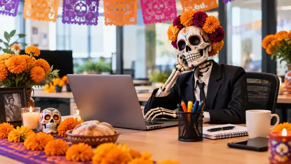 una calavera oficinista sentada frente a su computadora con un escritorio con flores, pan de muerto y veladoras. 