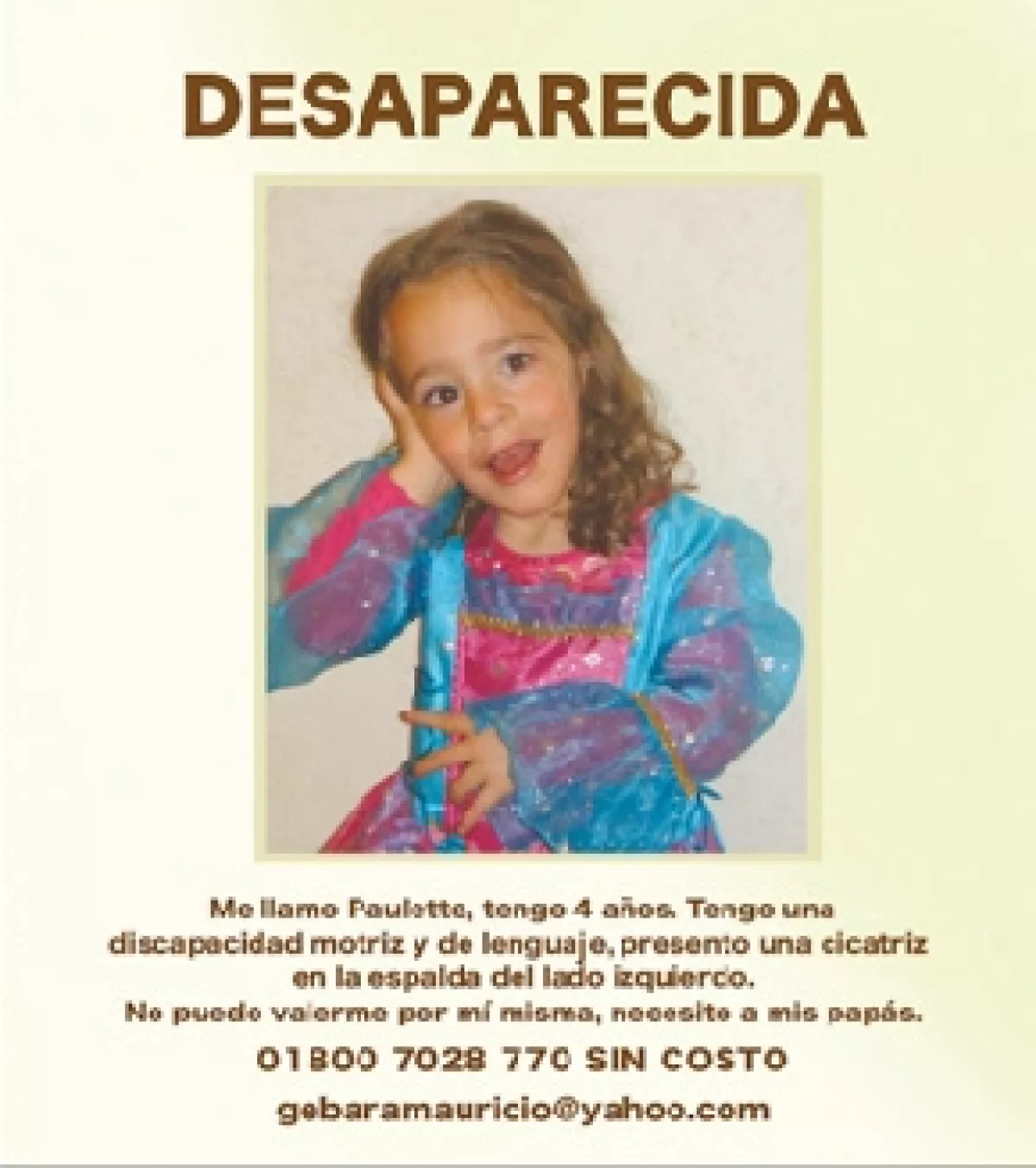 Paulette está reportada como desaparecida, pero la situación es muy atípica, pues no hay rastro de cómo o con quién pudo haber salido la niña del lugar.