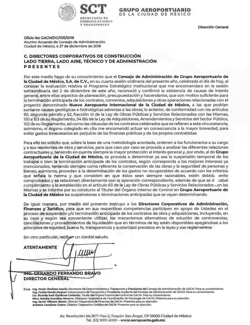 oficio de cancelación del NAIM