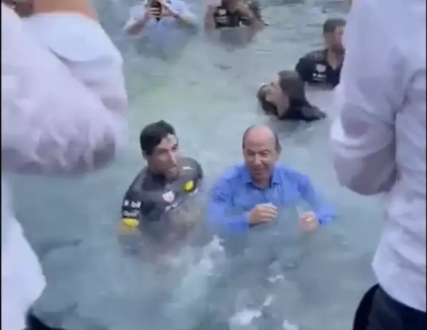Sergio "Checo" Pérez y Felipe Calderón, en su festejo en Mónaco