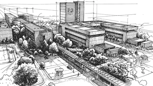 Boceto en varios tonos de grises con edificios, árboles y patios.jpg