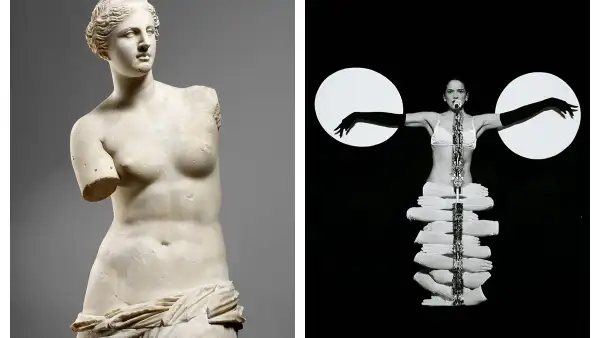 En esta imagen se compara la Venus del Milo con un momento en el concierto de Rosalía, cuando la interprete canta 'La Perla'. 