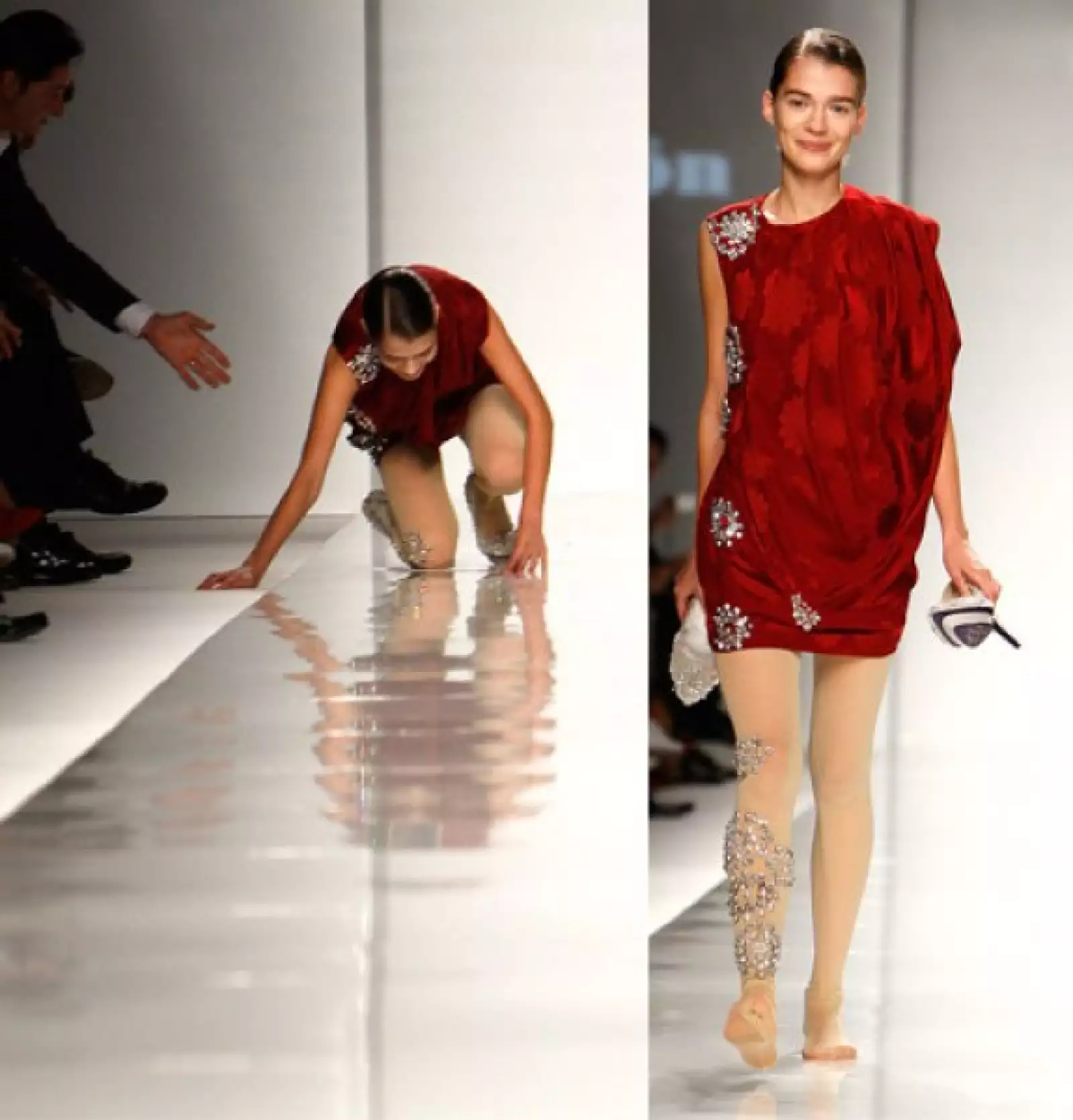 Debido a los tacones, una modelo se cayó mientras desfilaba durante la presentación de la colección de Mila Schon, en Milán. La chica decidió tomarse la situación con gracia, así que continuó la pasarela con los zapatos en la mano y una sonrisa.