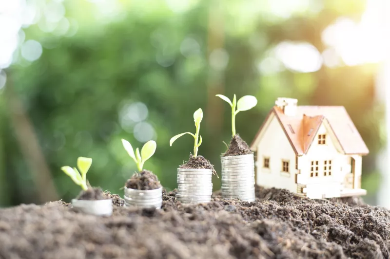 Property investment and house financial concept, coin stack with wooden house