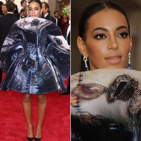 Met Gala 2015: Impactó a todos con un vestido tipo abanico de Giles otoño 2015. Cambió su conocido afro por el pelo lacio peinado hacia atrás y nude lips.