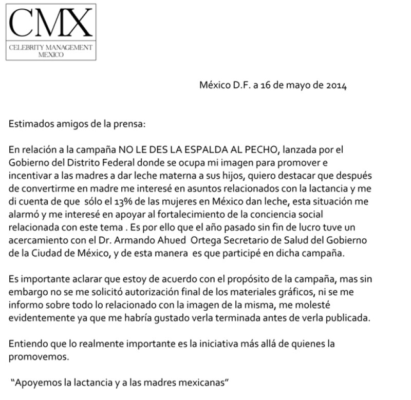 Éste fue el texto que la oficina de relaciones públicas de Sodi emitió para su difusión.