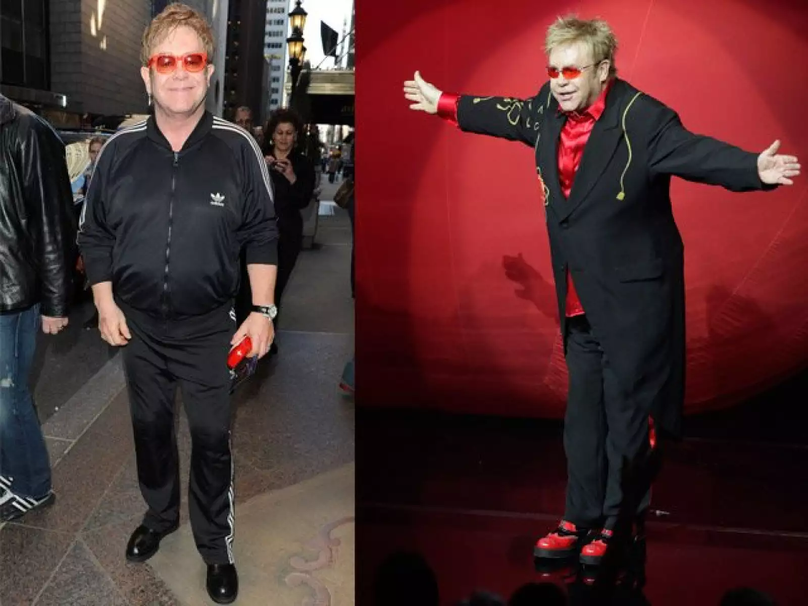 Elton John es un espectáculo al vestir, desde no iportarle combinar ropa deportiva con zapatos de calle hasta sus coloridos trajes. Su colección de coloridos lentes es enorme.