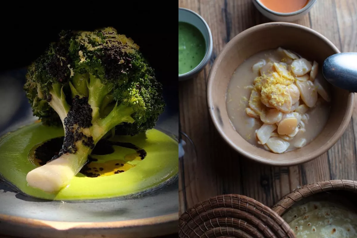 foto collage: izquierda brócoli ahumado con chiltepín y a la izquierda callos con puré de berenjena.