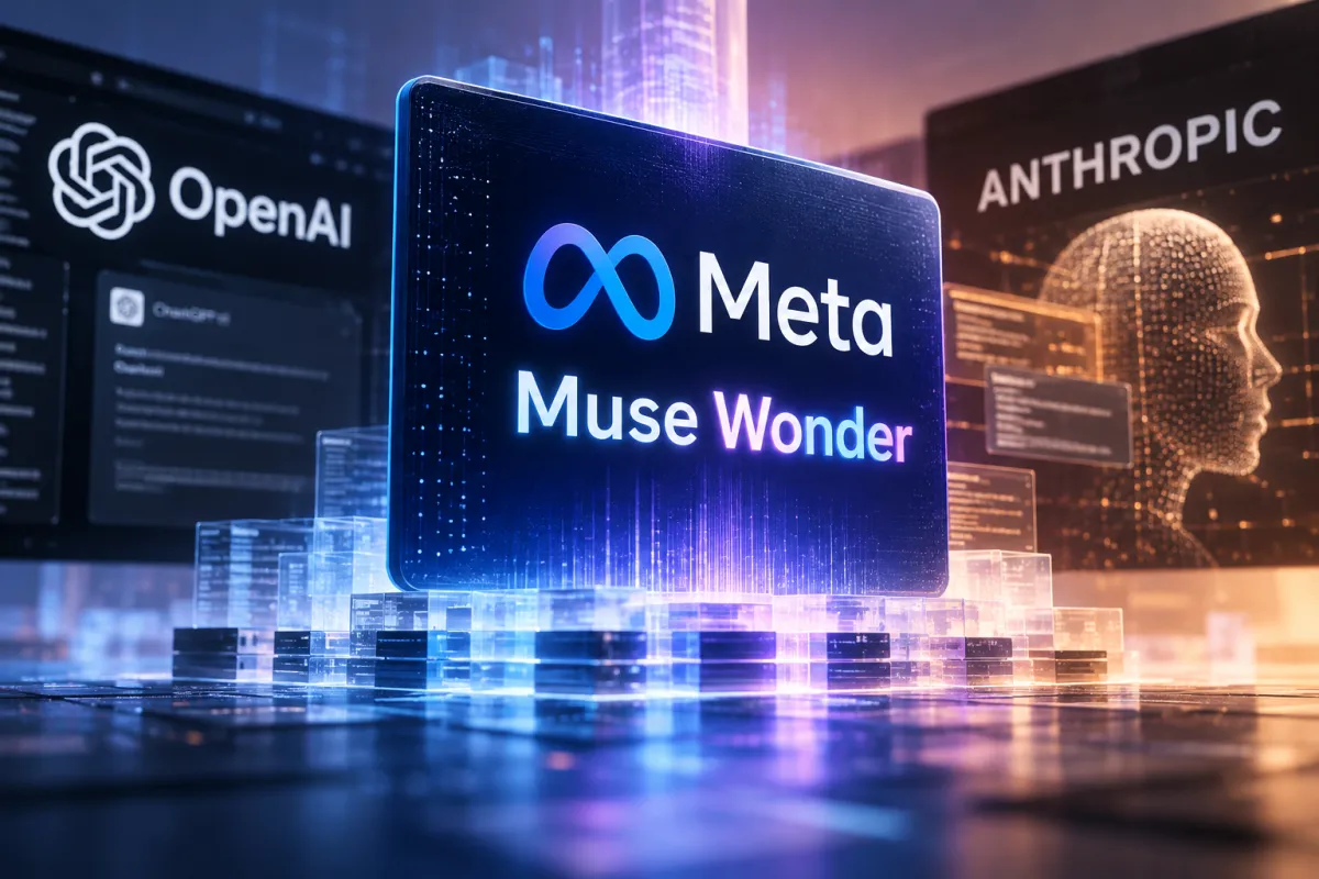 Ilustración digital con el logotipo azul de Meta y el nombre Muse Wonder en el centro. A los costados aparecen los nombres de OpenAI y Anthropic, sobre un fondo futurista con luces azules y naranjas que representa la competencia en inteligencia artificial.