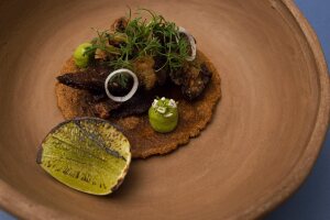 Taco de cachete con cilantro, aguacate y cebolla