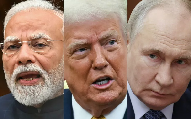 Esta combinación de imágenes creadas el 6 de agosto de 2025 muestra, L-R, al primer ministro de la India, Narendra Modi, el 21 de julio de 2025, al presidente de los Estados Unidos, Donald Trump, el 22 de julio de 2025 y al presidente de Rusia, Vladimir Putin, el 5 de agosto de 2025. El presidente de los Estados Unidos, Donald Trump, ordenó el 6 de agosto un arancel adicional del 25 por ciento sobre los productos indios sobre la compra continua de petróleo ruso de Nueva Delhi, una fuente clave de ingresos para la guerra de Moscú en Ucrania.