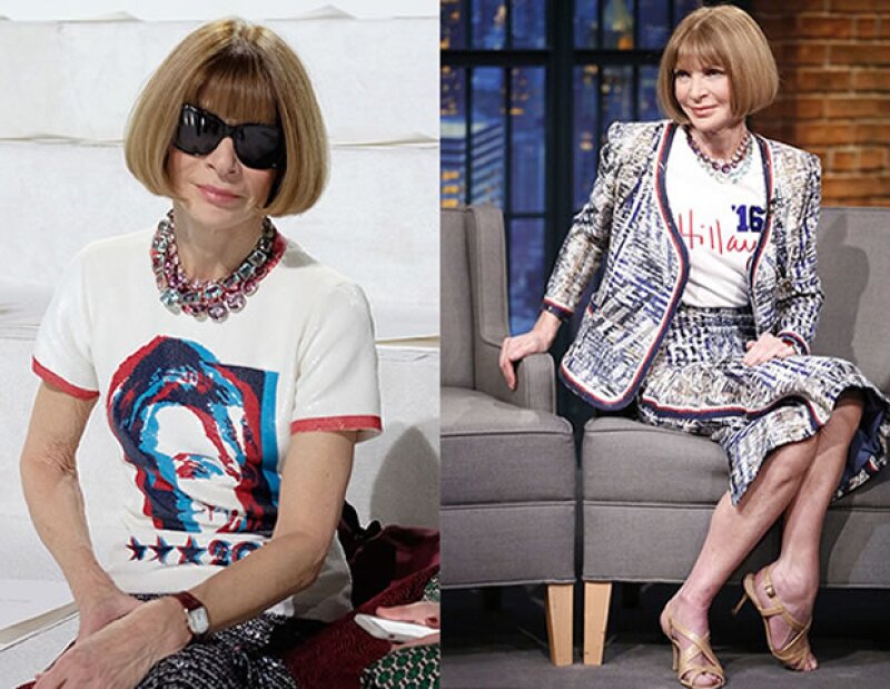 Anna Wintour complementó la camiseta de campaña de Hillary con un traje Chanel.
