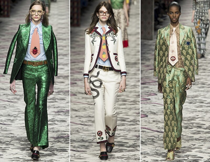 Gucci volvió a presentar trajes, dándoles el toque especial con una corbata bordada.
