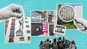 Imágenes de casas y edificios y una protesta por el derecho a la vivienda. 