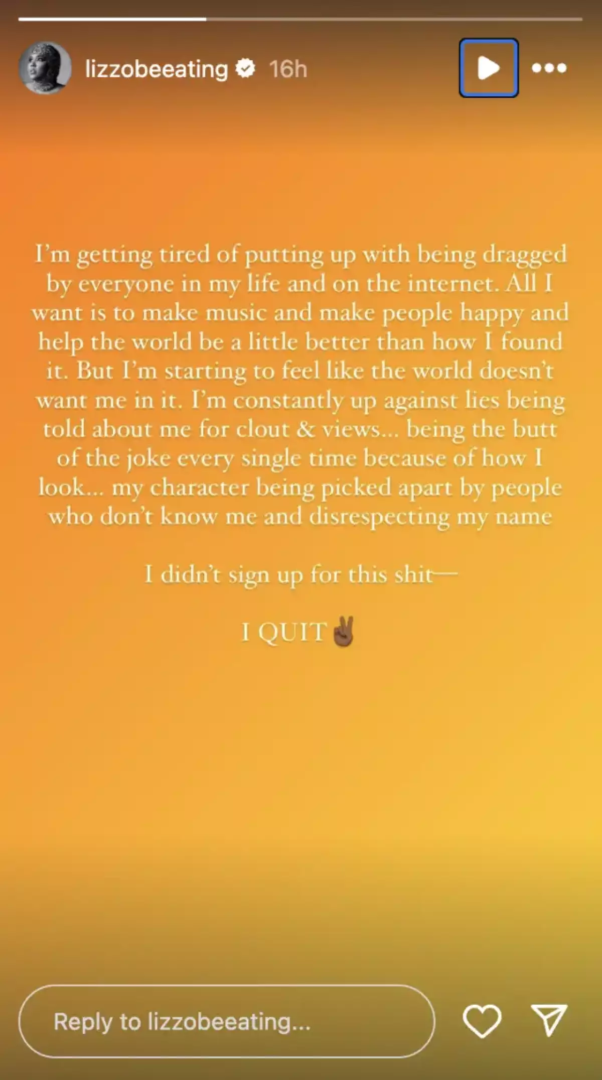 Lizzo anuncia su retiro tras constantes críticas en un comunicado en Instagram