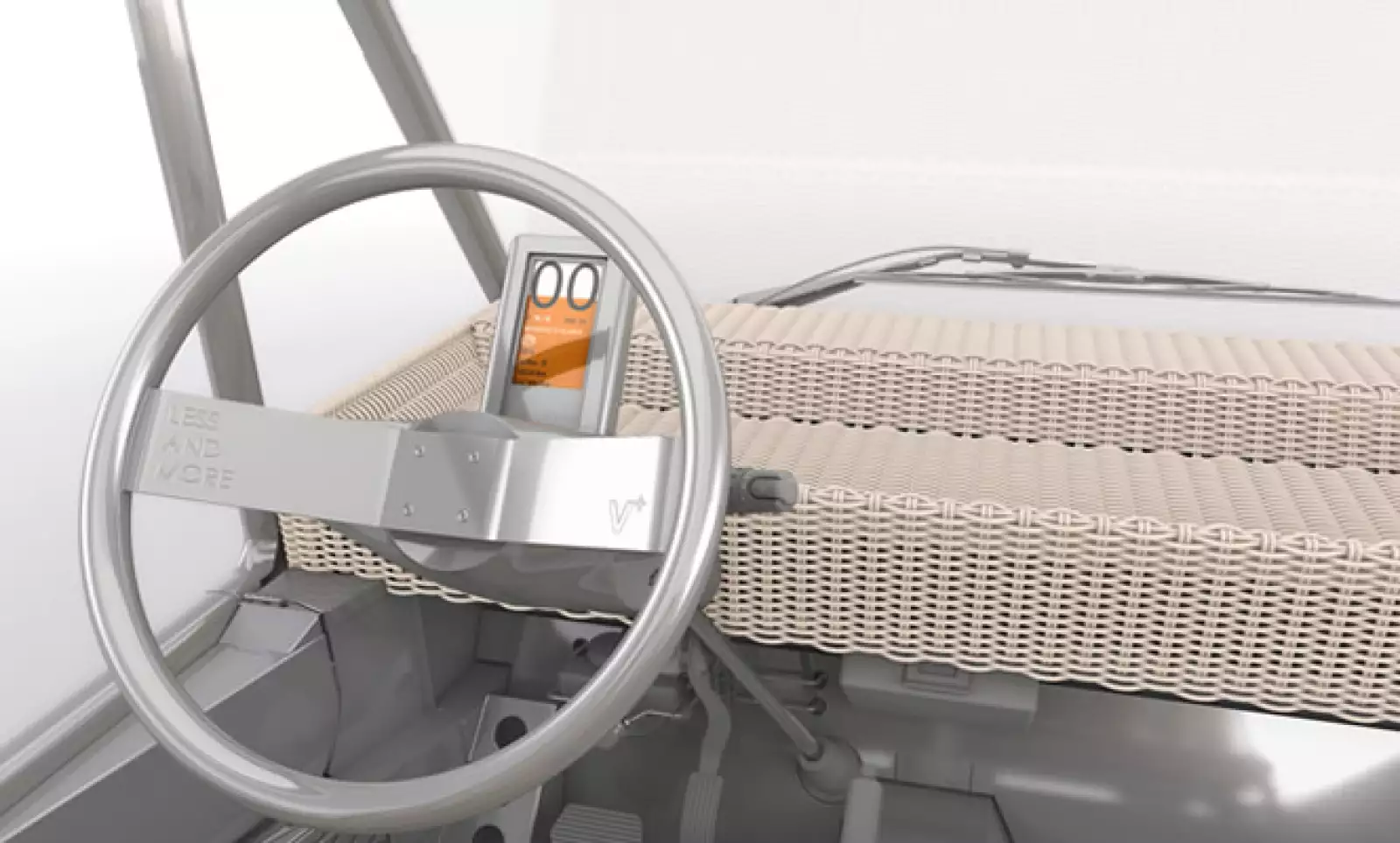 Soldados con láser, su volante y su chasis son de acero inoxidable;  sus cuatro asientos están hechos de tapicería trenzada.