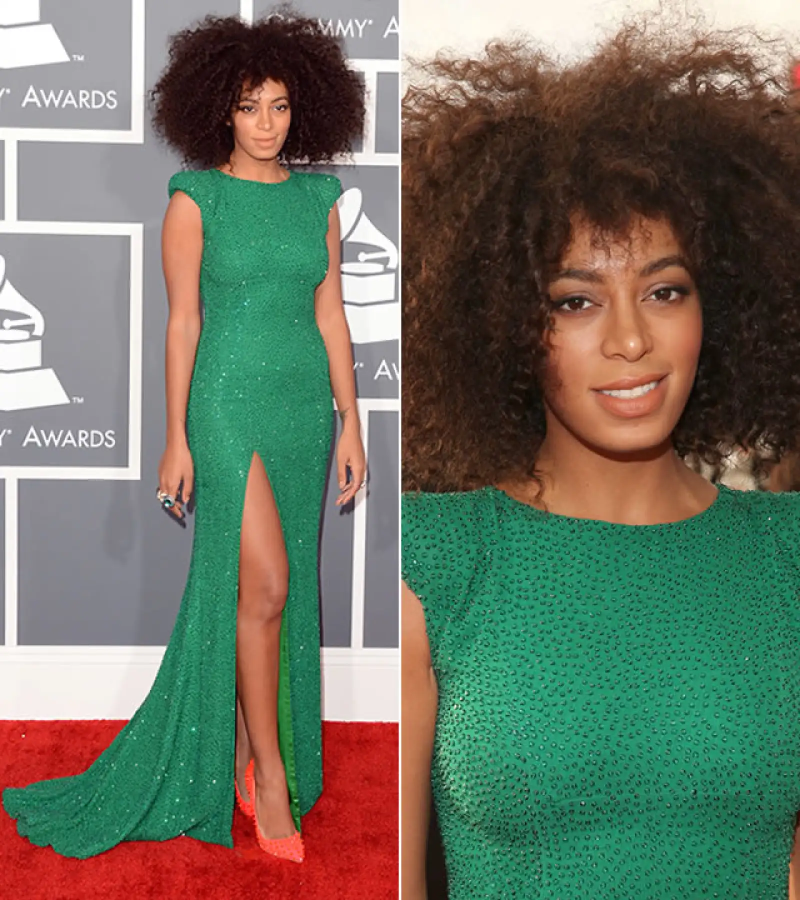 Grammys 2013: Causó sensación con este vestido color esmeralda de Ralph and Russo Couture. Llevó unos pumps en rosa coral para contrastar el look y un afro muy extremo.