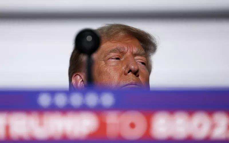 Former U.S. President Donald Trump reacts during an event following his arraignment on classified document charges, in Bedminster