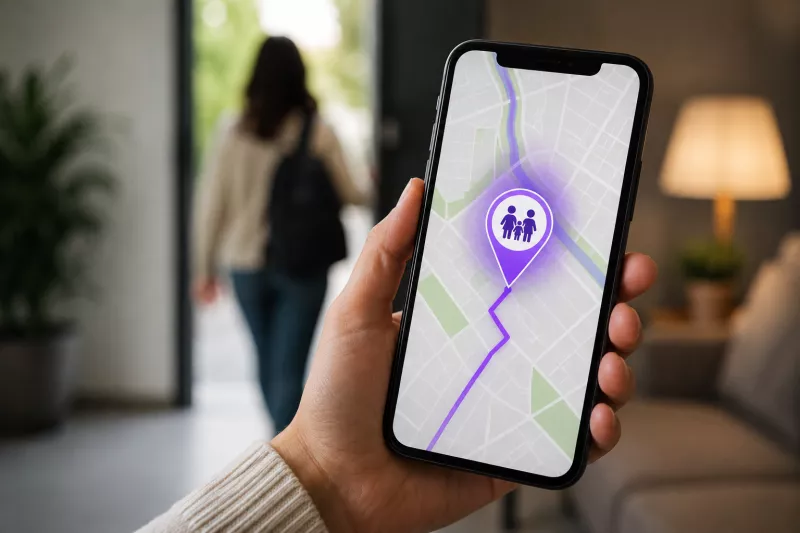 Un teléfono inteligente muestra una aplicación de de ubicación con una alerta de llegada a casa.