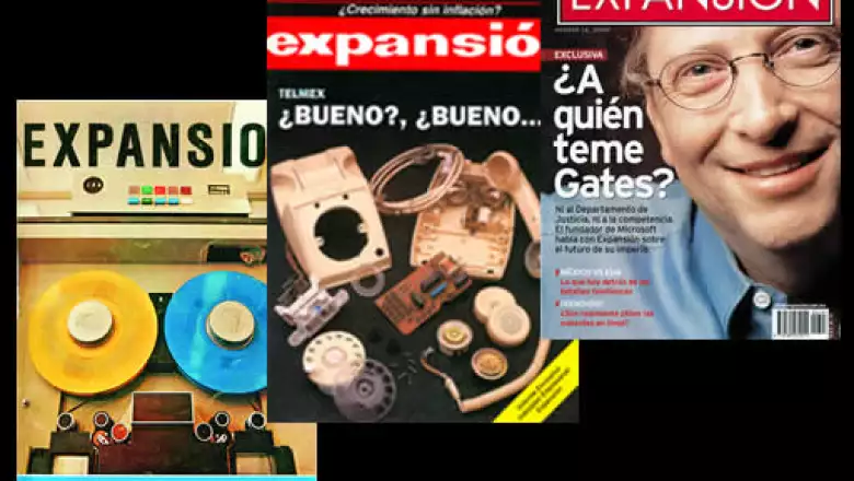 La primera portada se ilustró con la imagen de dos bobinas de una máquina de IBM. Desde entonces Expansión ha tenido como prioridad la innovación de la tecnología, como se ve en estas otras portadas, de 1991 y 2000.