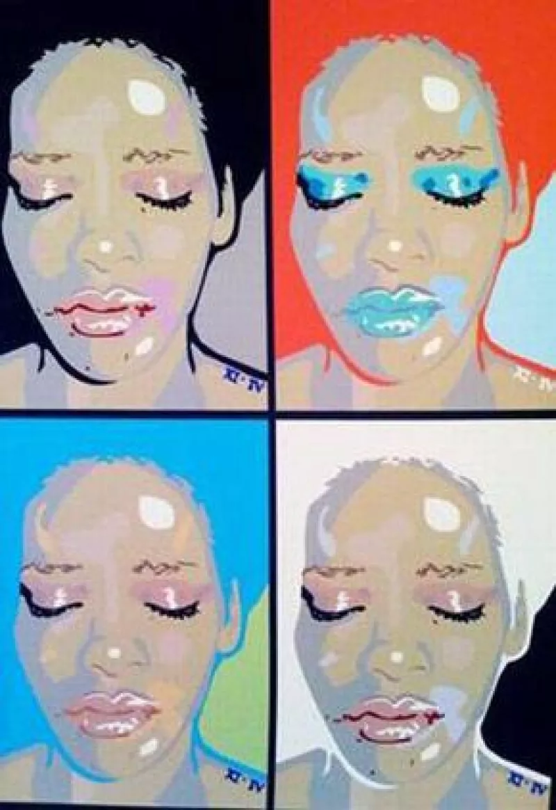 Muy al estilo Andy Warhol, Sham Ibrahim plasmó en una de sus obras la cara hinchada y amoratada de la cantante, cuando supuestamente fue agredida por Chris Brown.