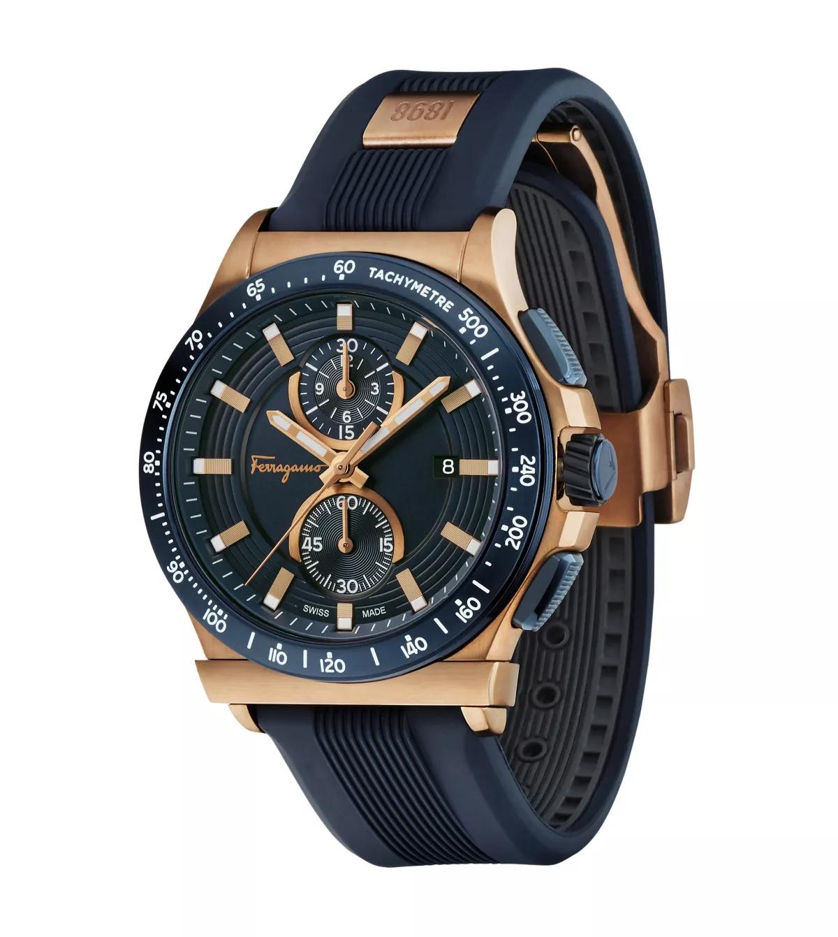 Modelo con esfera en azul guilloché y correa en el mismo tono 