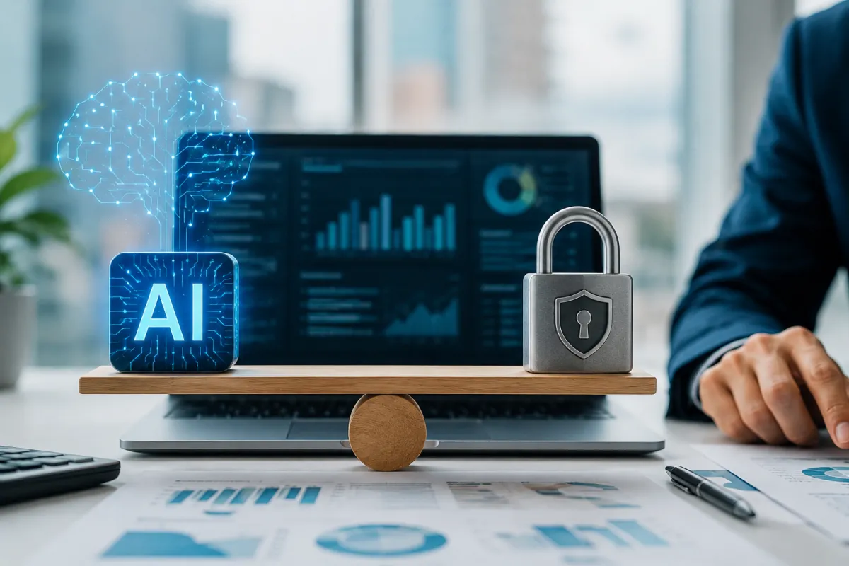 Representación de una balanza con inteligencia artificial y ciberseguridad frente a una computadora con gráficos de datos.