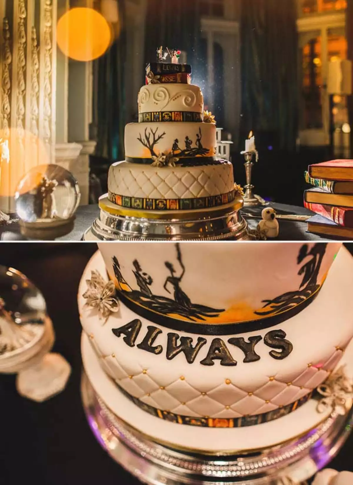 El pastel además de tener decoración del cuento de The Deathly Hallows, también tenía escrita, como los anillos, la frase de Snape.