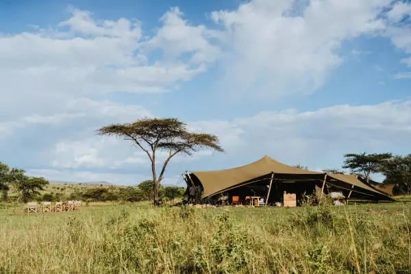 Foto de una tienda de campaña de lujo montada en Tanzania, con un campo abierto en el serengeti y pocos árboles alrededor.