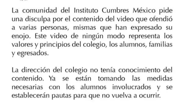 A tan sólo dos días de ser publicado el polémico video, el instituto se disculpó por el clip a través de un comunicado.