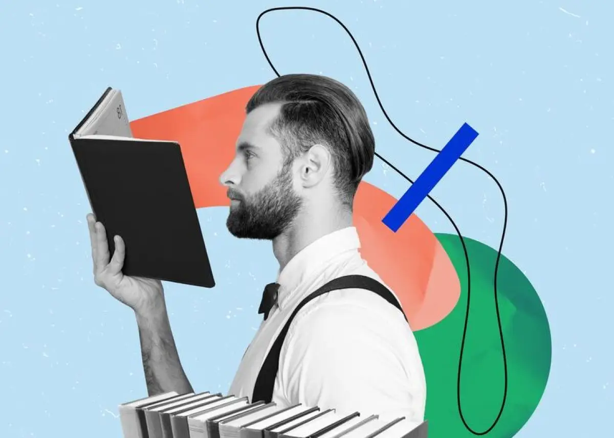 Collage picture image of attractive clever man reading encyclopedia isolated on drawing background
