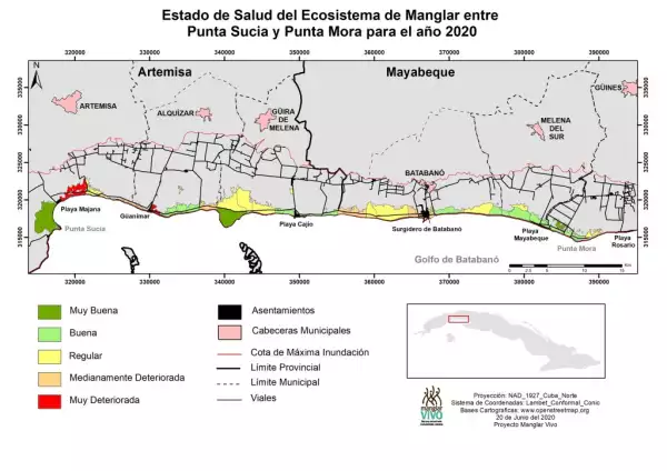 Mapa que muestra la salud de los manglares entre Punta Sucia y Punta Mora, Cuba. 