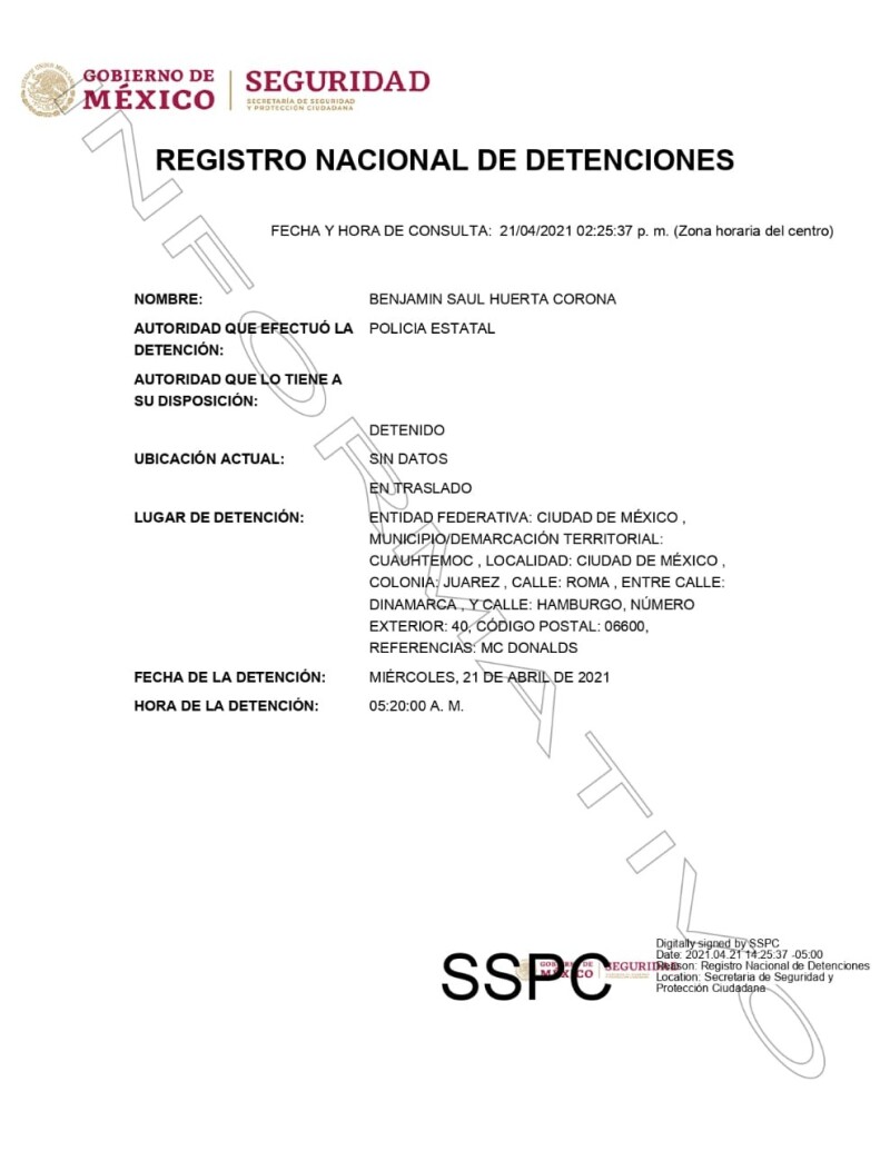 Ficha de detención del diputado de Morena, Benjamín Huerta