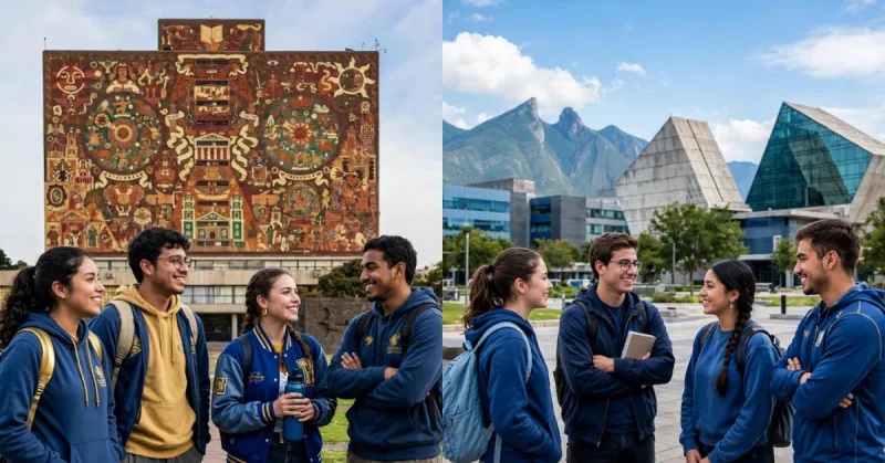 Estudiantes del lado izquierdo frente a la Biblioteca Central de CU; del lado derecho, jóvenes en el Tec. La UNAM y el Tecnológico de Monterrey son las universidades mexicanas mejor posicionadas en el ranking mundial QS 2027.
