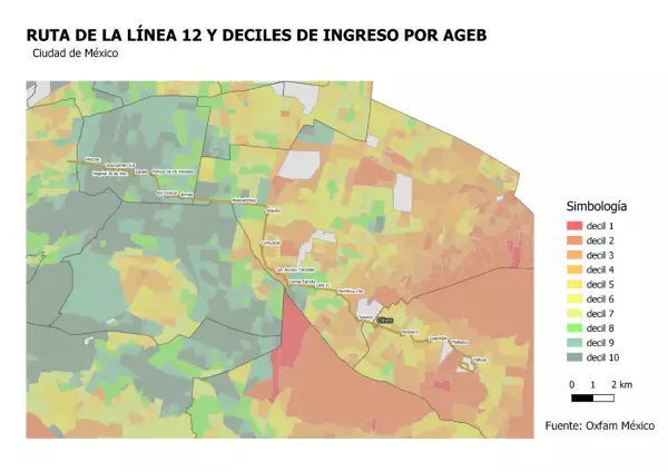 La población con mayores ingresos (verde) vive alrededor de las estaciones subterráneas de la Línea 12, mientras en el tramo elevado se encuentran los habitantes con menores ingresos (naranja a rojo).