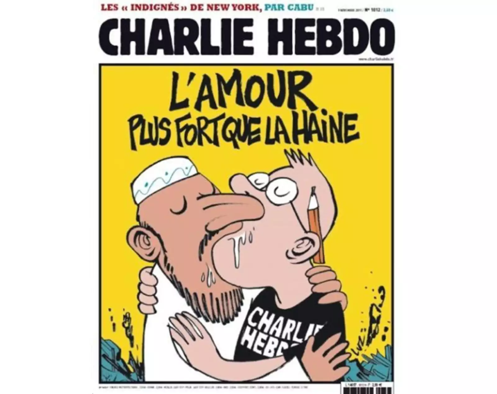 En esta portada el texto dice: "El amor es más fuerte que el odio". En ella aparece un hombre musulmán besándo a un caricaturista de Charlie Hebdo.
