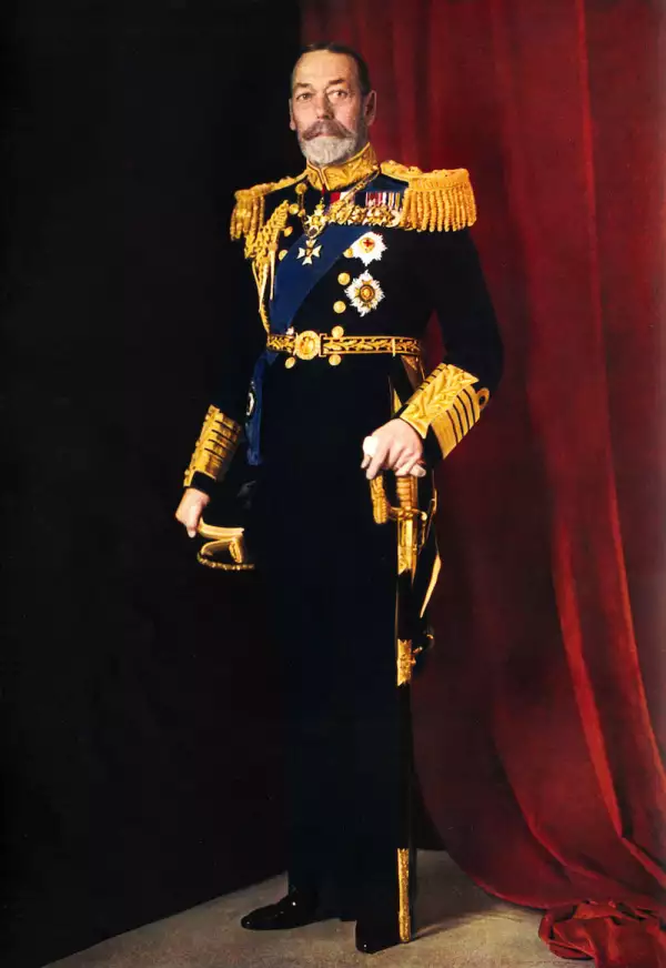 King George V, official portrait photograph of 1935, in full dress uniform with sword.  Illustrated London News Silver Jubilee.  Colour photograph by Finlay Colour Ltd.