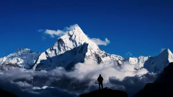 Man hiking silhouette in Mount Everest,Himalayan