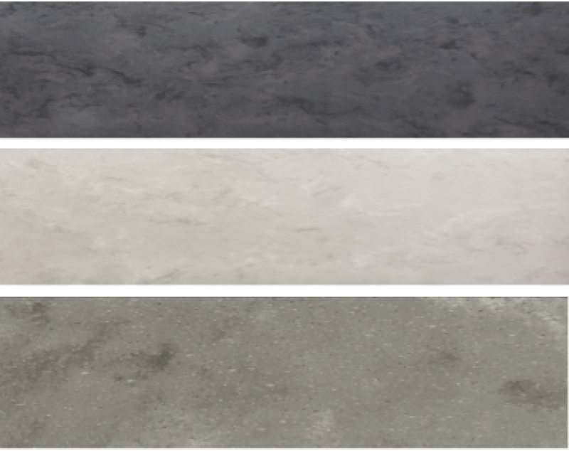 Colores de la Colección Aggregate de Corian® Solid Surface. De arriba hacia abajo: Carbon Aggregate; Neutral Aggregate y Ash Aggregate.