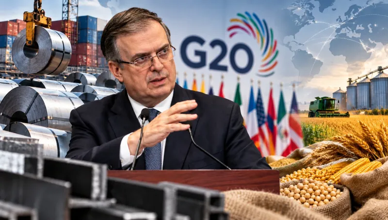 Composición editorial que muestra a Marcelo Ebrard, secretario de Economía, acompañado por elementos relacionados con la industria siderúrgica, la producción agrícola y el comercio internacional, en el contexto de su participación en la reunión ministerial del G20.