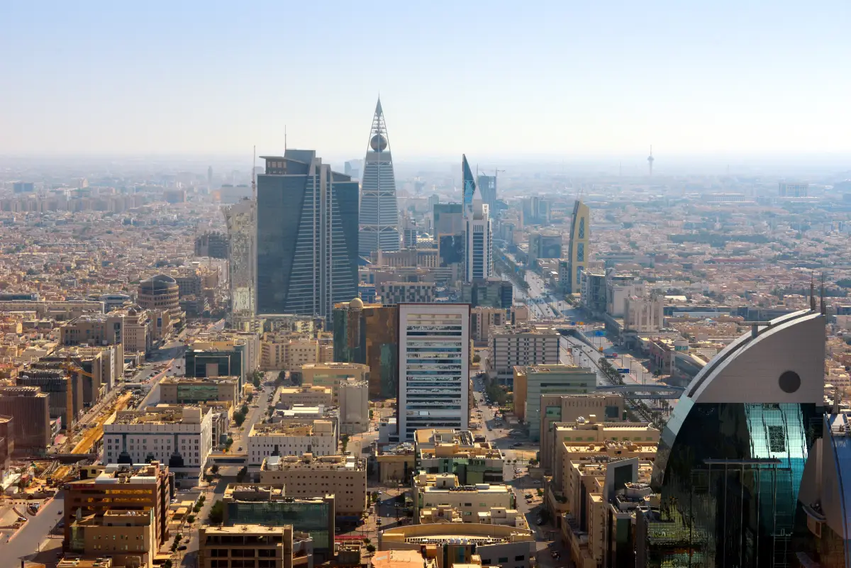 Riyadh King skyline along Fahd Road - business district, Riyadh, Saudi Arabia