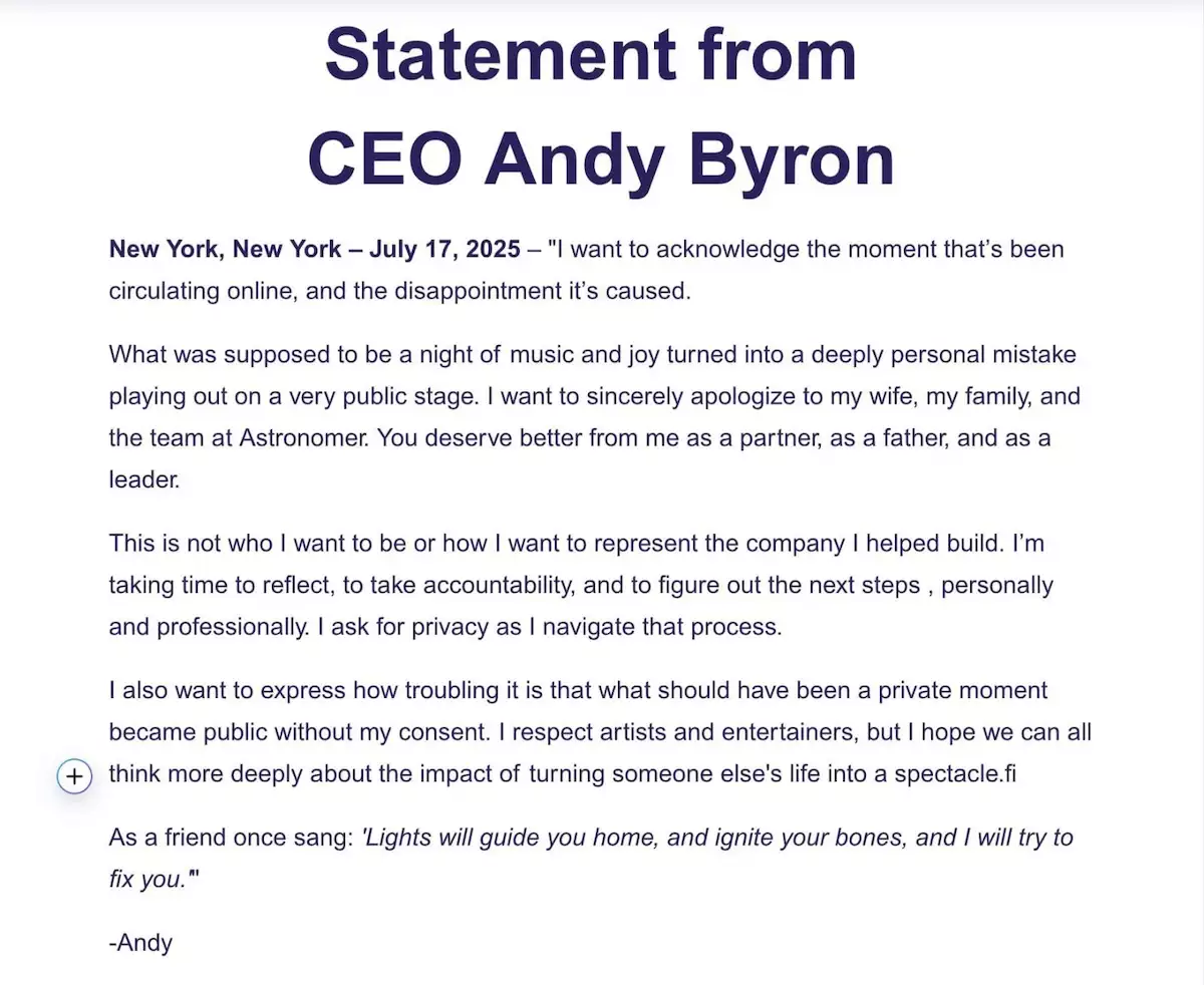Disculpa de Andy Byron CEO de Astronomer tras ser exhibido en concierto de Coldplay