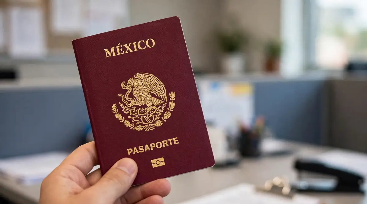 Un ejemplo de pasaporte mexicano que sostiene una persona con una mano.