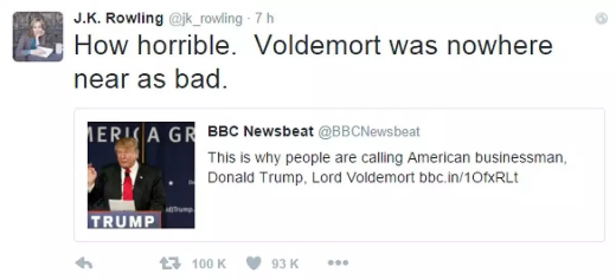 Con este tuit, J.K. Rowling expresó su descontento ante las posturas de Trump.