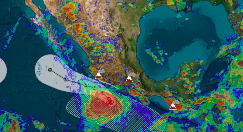 Imagen satelital que muestra al huracán Polo frente a las costas de México y su extensa circulación nubosa sobre el océano Pacífico.