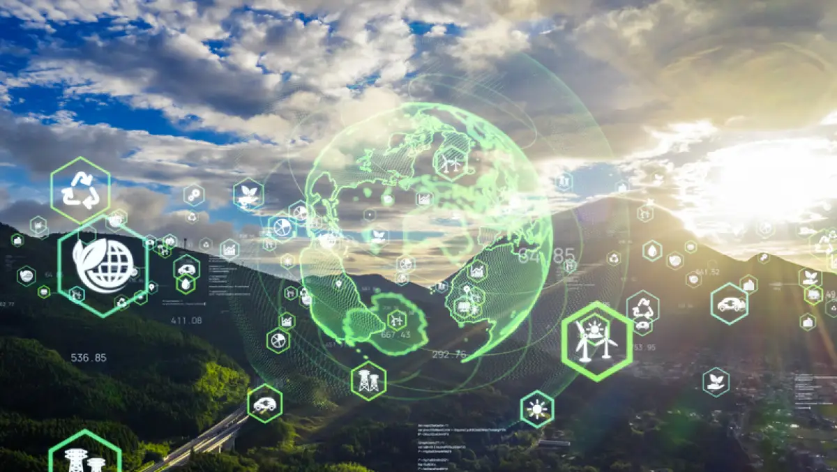 iconos de tecnologías sustentables alrededor de un mapa del mundo.