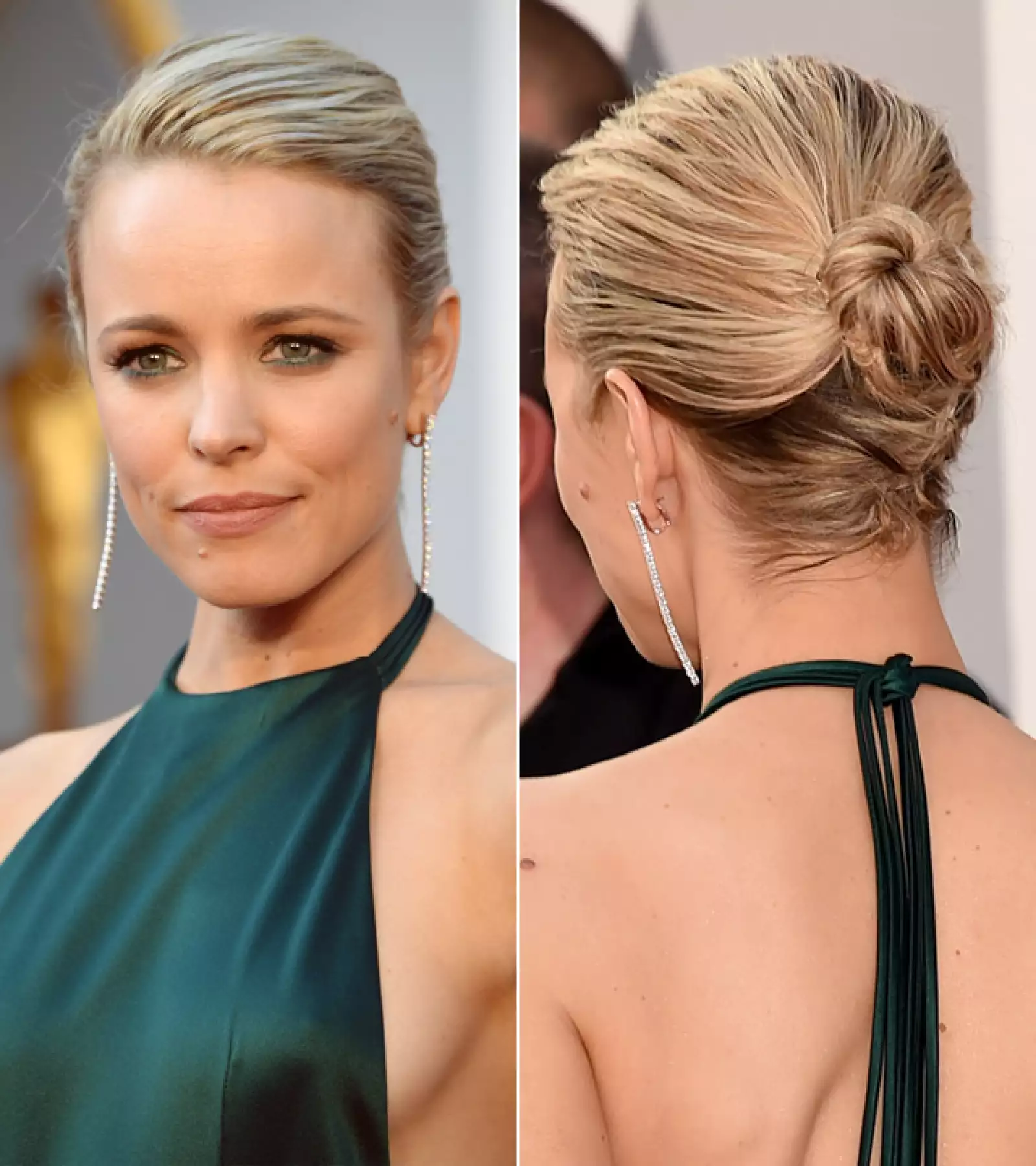 Wow! Rachel McAdams optó por delinear sus ojos con el mismo tono de verde que su vestido, resaltando su divina mirada. Llevó el pelo en un chongo que hizo lucir su cara y su impecable espalda.